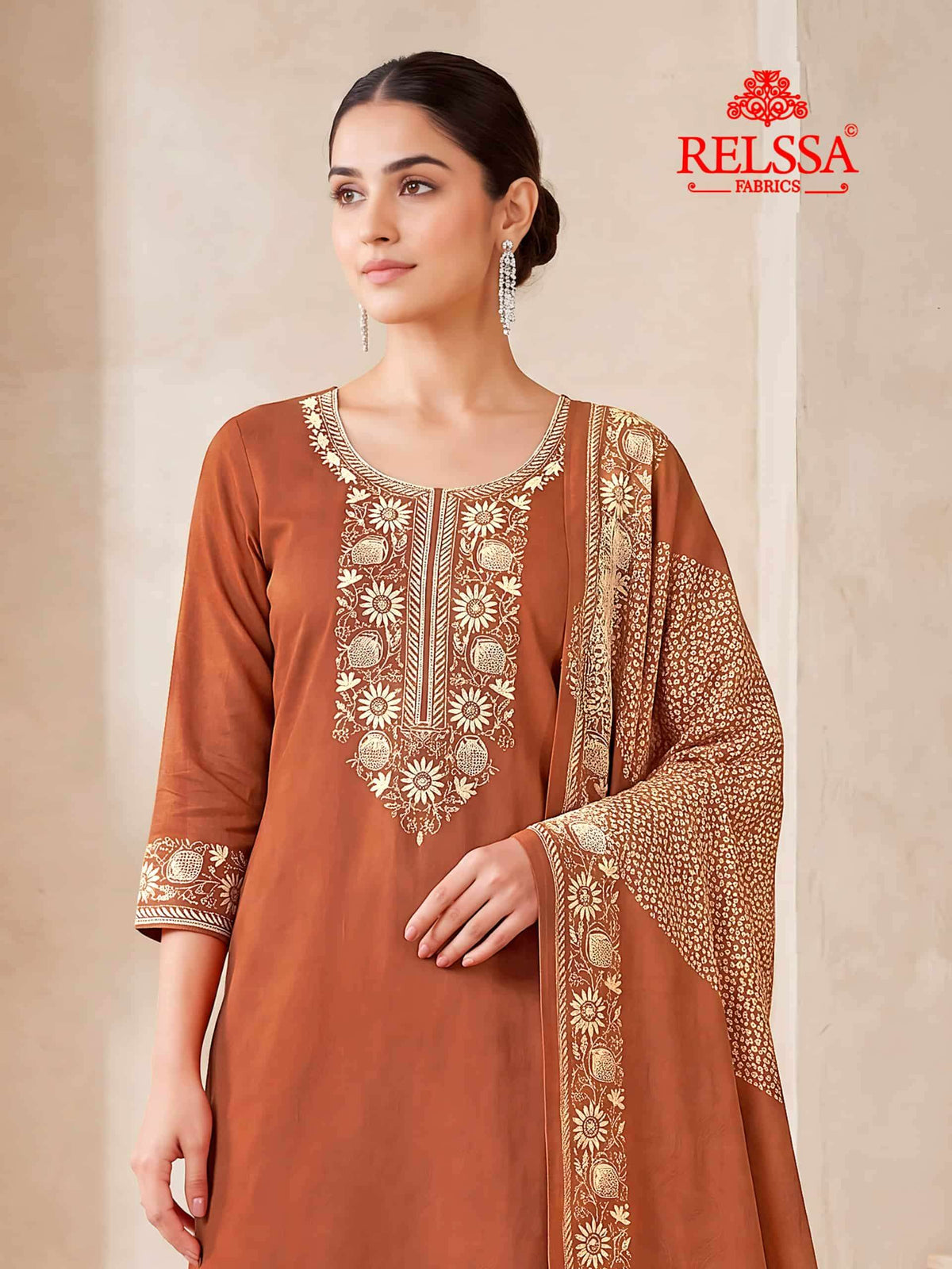 Relssa Fabrics Bandhani Premium Bemberg Muslin Embroidered Dress Material