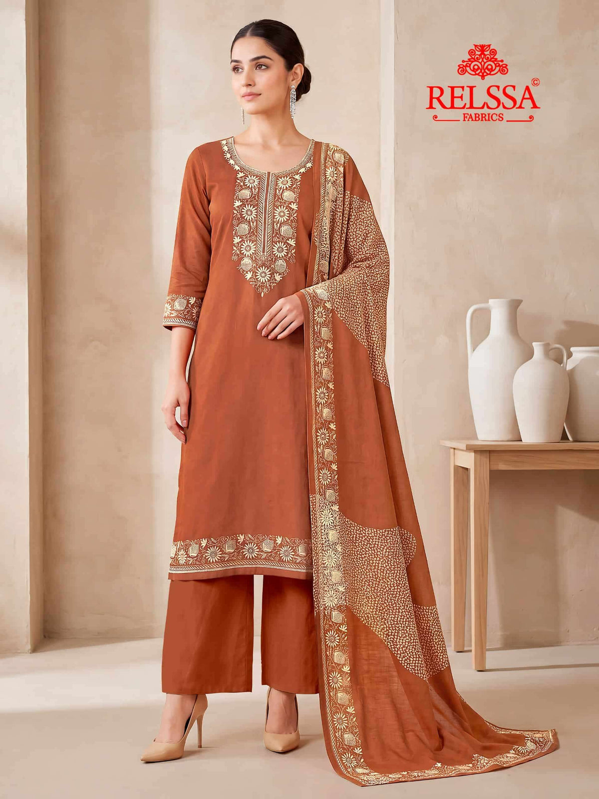 Relssa Fabrics Bandhani Premium Bemberg Muslin Embroidered Dress Material