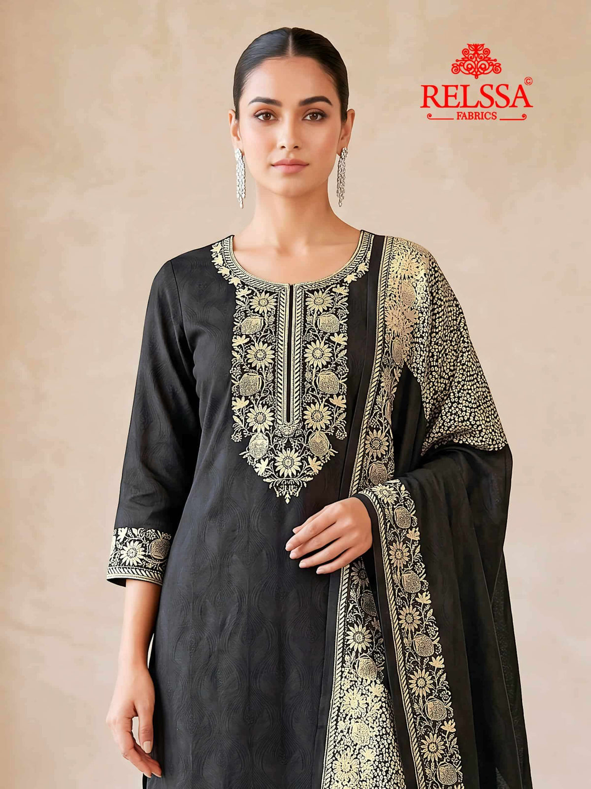 Relssa Fabrics Bandhani Premium Bemberg Muslin Embroidered Dress Material