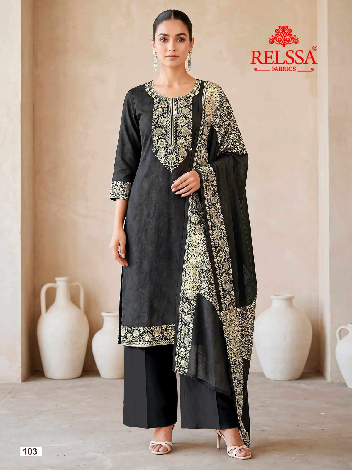 Relssa Fabrics Bandhani Premium Bemberg Muslin Embroidered Dress Material