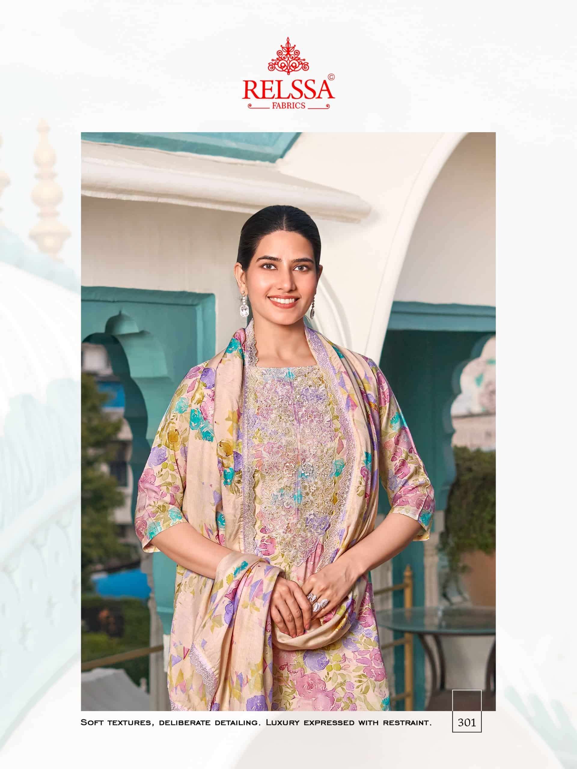 Relssa Fabrics Angel Vol 3 Premium Muslin Embroidered Dress Material