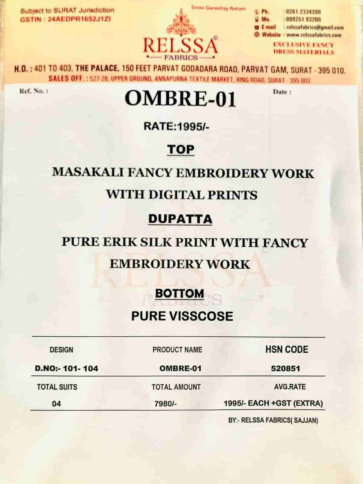 Relssa Fabrics Ombre Vol 1 Premium Masakali Fancy Dress Material - Amrah Wholesale
