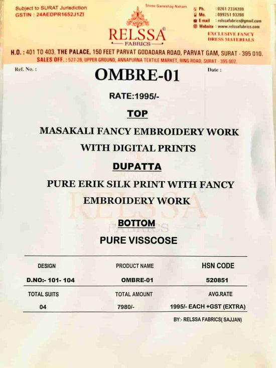 Relssa Fabrics Ombre Vol 1 Premium Masakali Fancy Dress Material - Amrah Wholesale