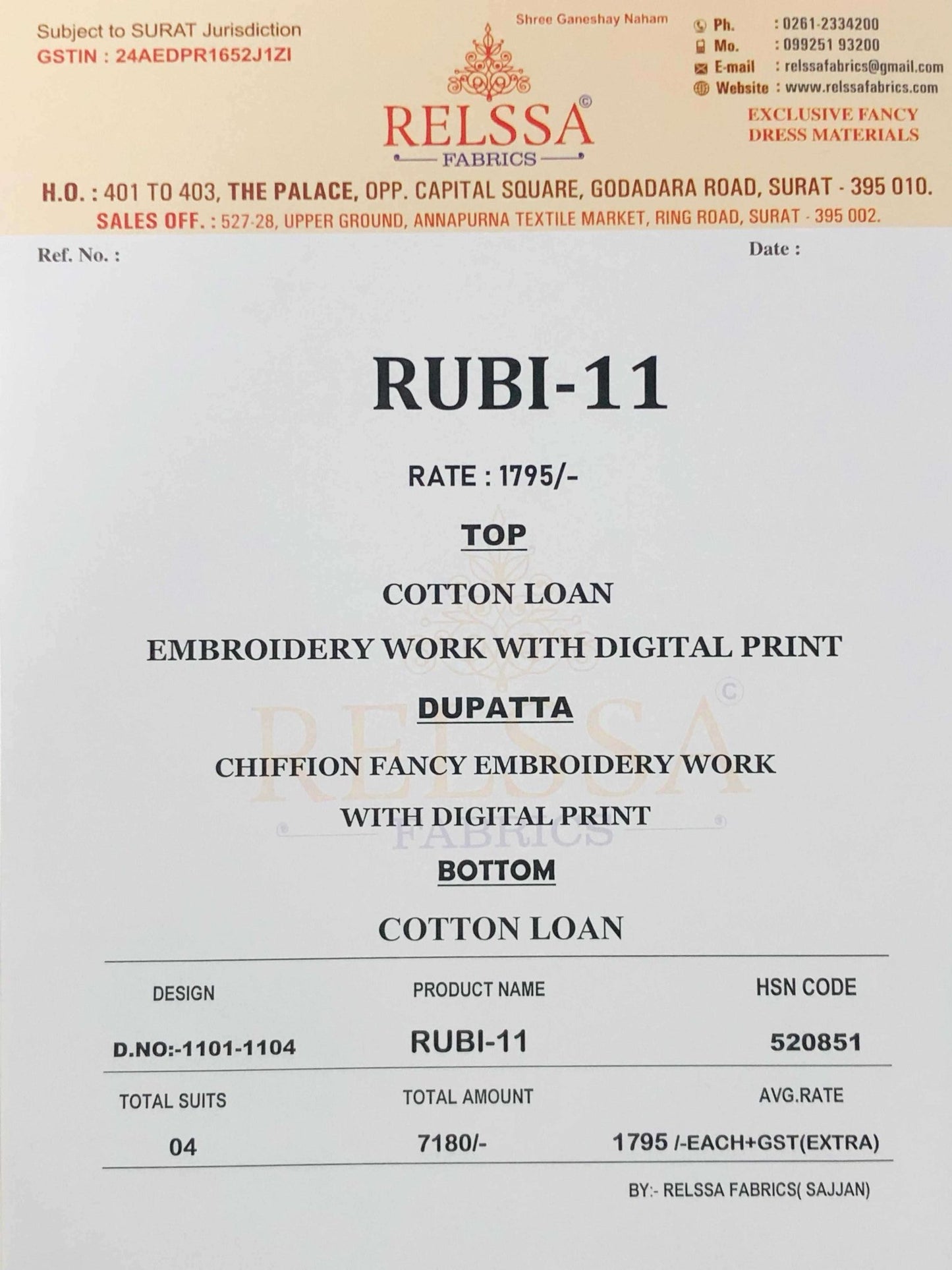 Relssa Fabrics Rubi Vol 11 Cotton Embroidered Dress Material - Amrah Wholesale