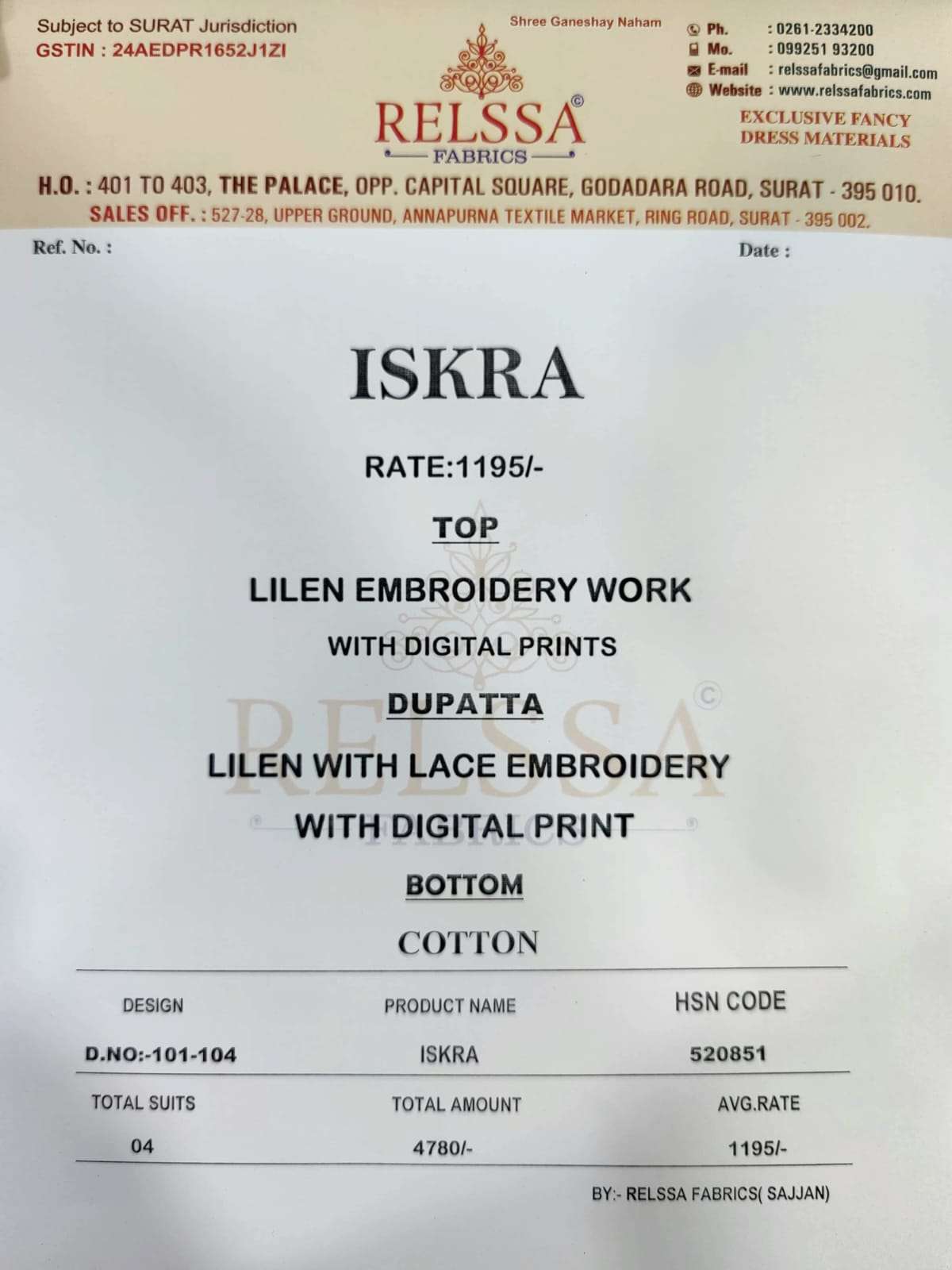 Relssa Fabrics Iskra Linen Embroidered Designer Salwar Suit Set