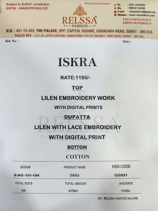 Relssa Fabrics Iskra Linen Embroidered Designer Salwar Suit Set