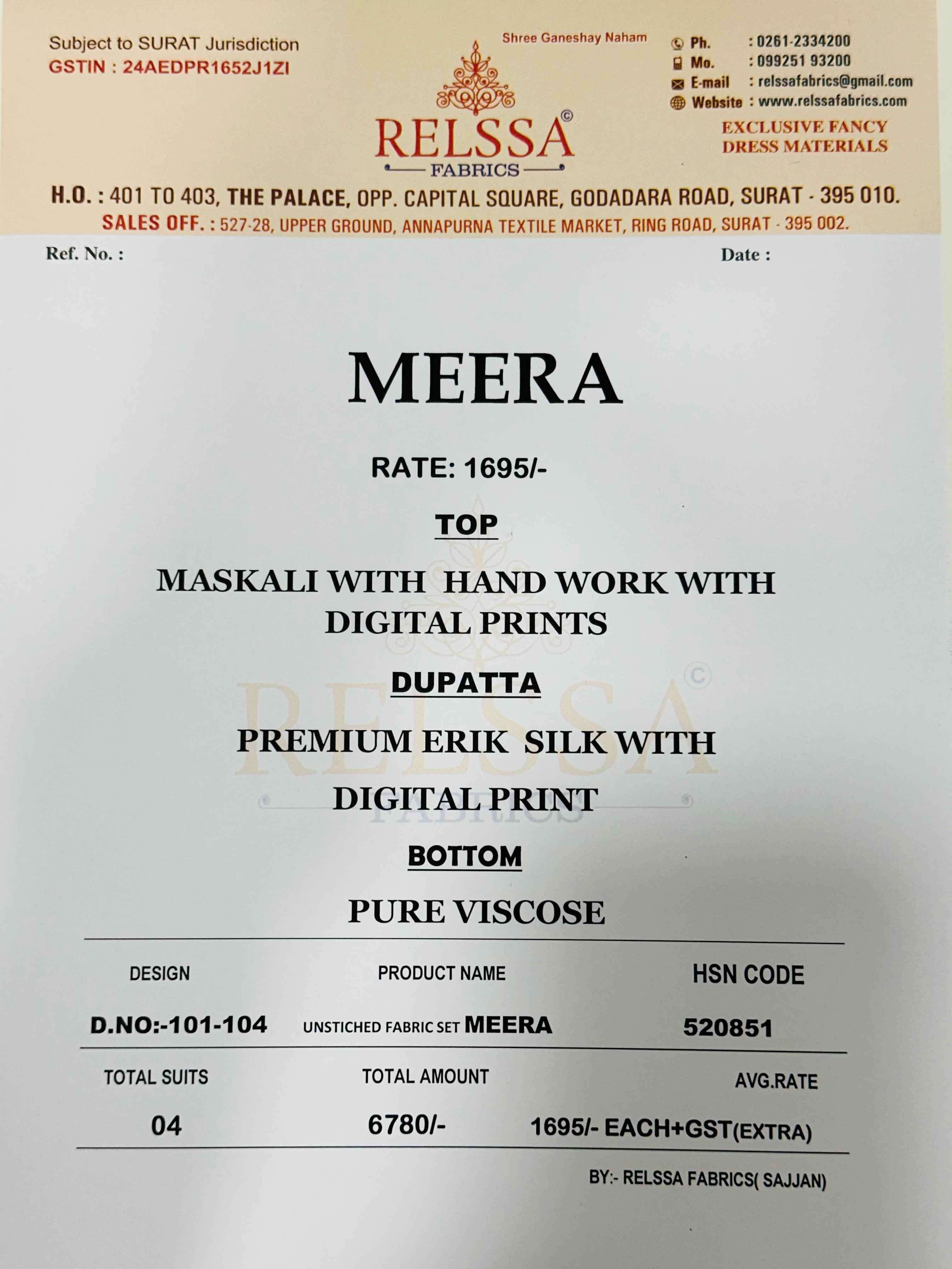 Relssa Fabrics Meera Makali Handwork Designer Salwar Suit Set
