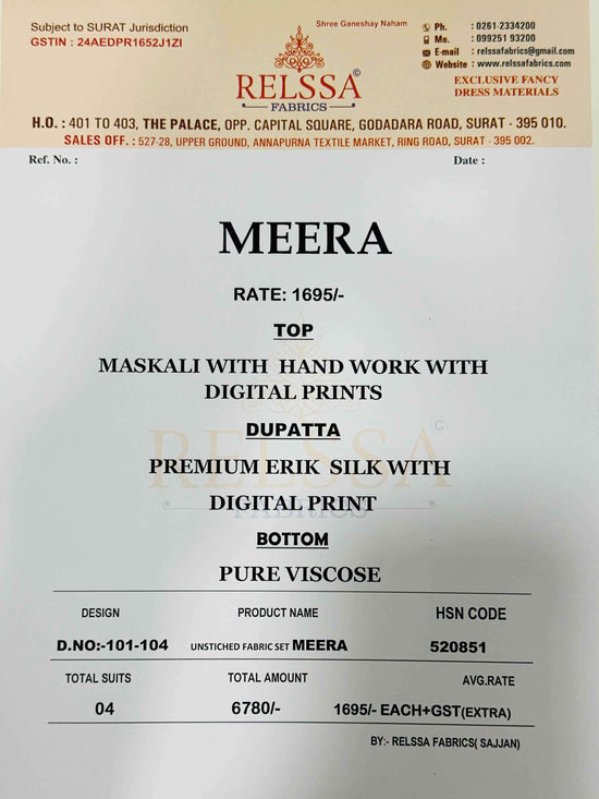 Relssa Fabrics Meera Makali Handwork Designer Salwar Suit Set