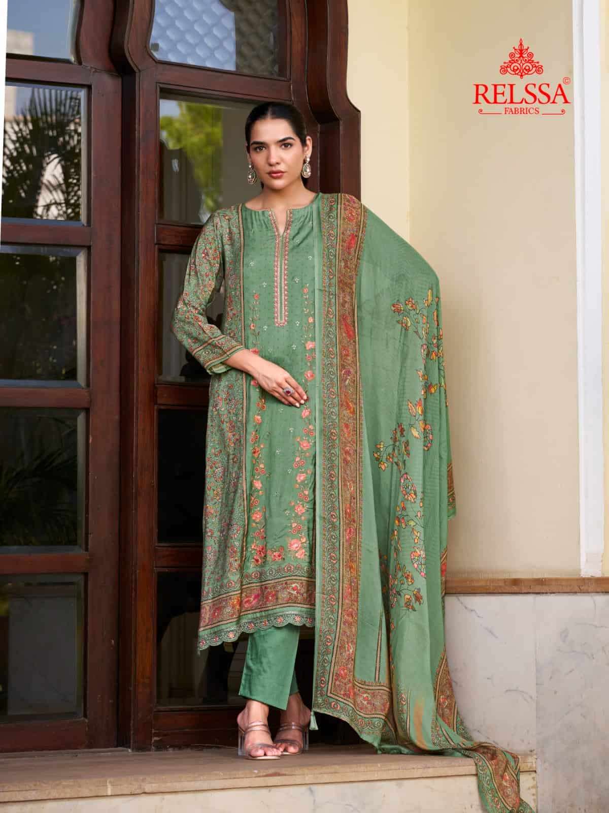 Relssa Fabrics Rooz Muslin Embroidered Digital Printed Dress Material