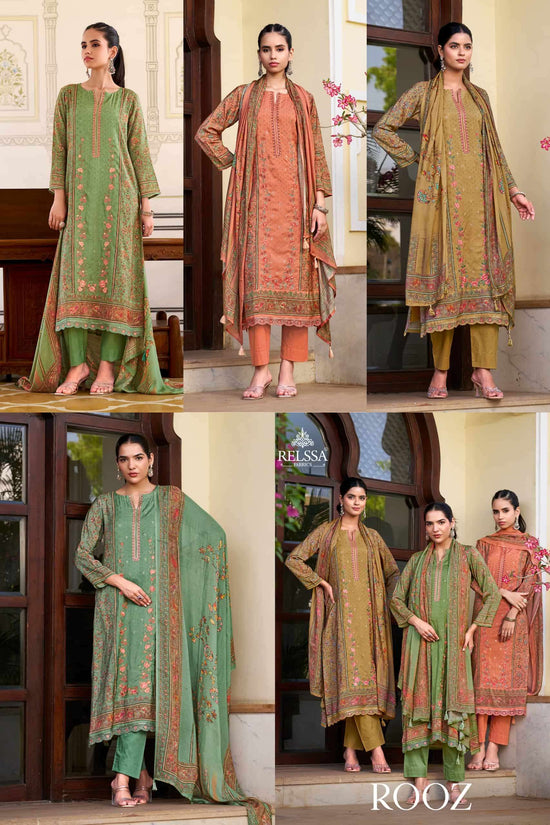 Relssa Fabrics Rooz Muslin Embroidered Digital Printed Dress Material