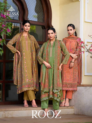 Relssa Fabrics Rooz Muslin Embroidered Digital Printed Dress Material