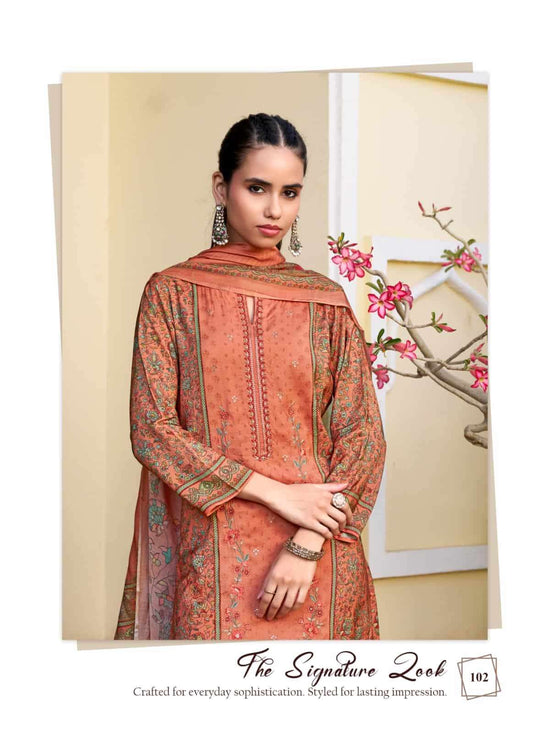 Relssa Fabrics Rooz Muslin Embroidered Digital Printed Dress Material