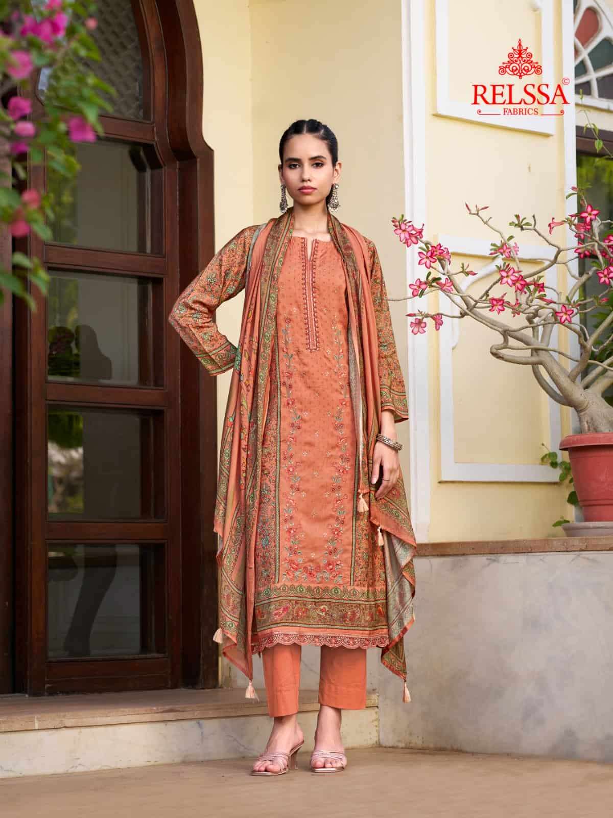Relssa Fabrics Rooz Muslin Embroidered Digital Printed Dress Material