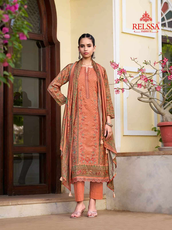 Relssa Fabrics Rooz Muslin Embroidered Digital Printed Dress Material