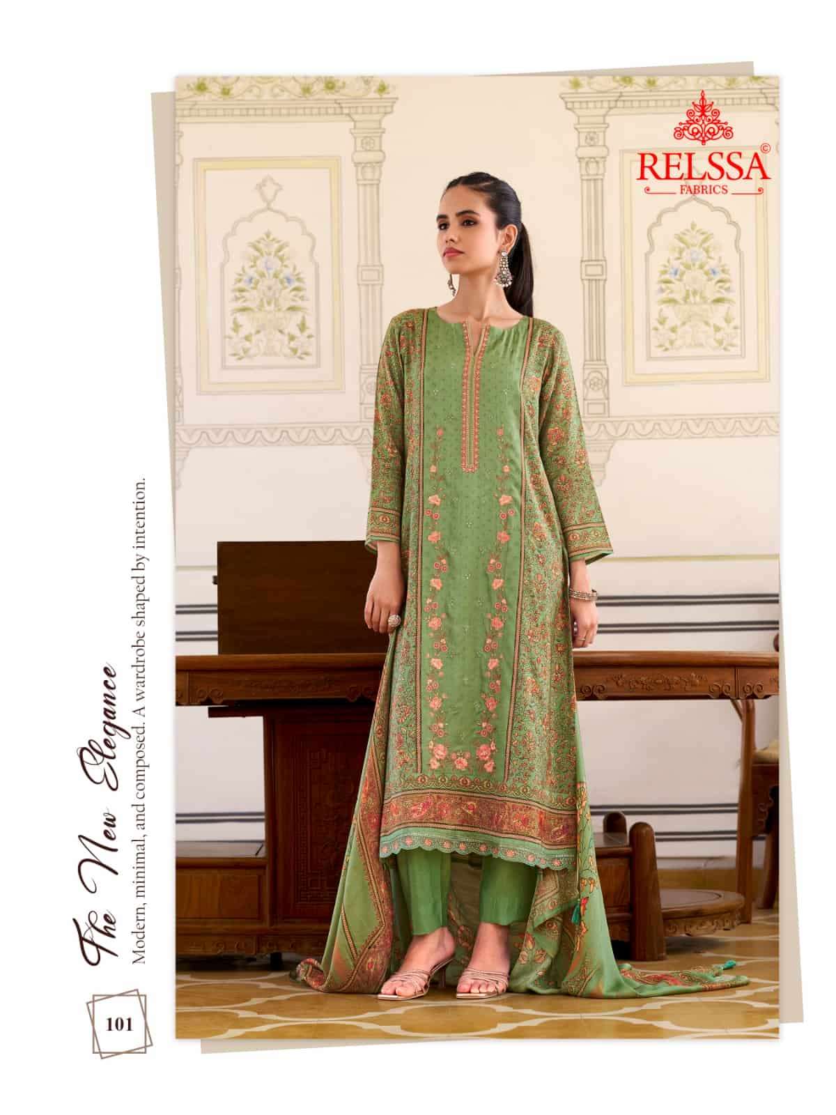Relssa Fabrics Rooz Muslin Embroidered Digital Printed Dress Material