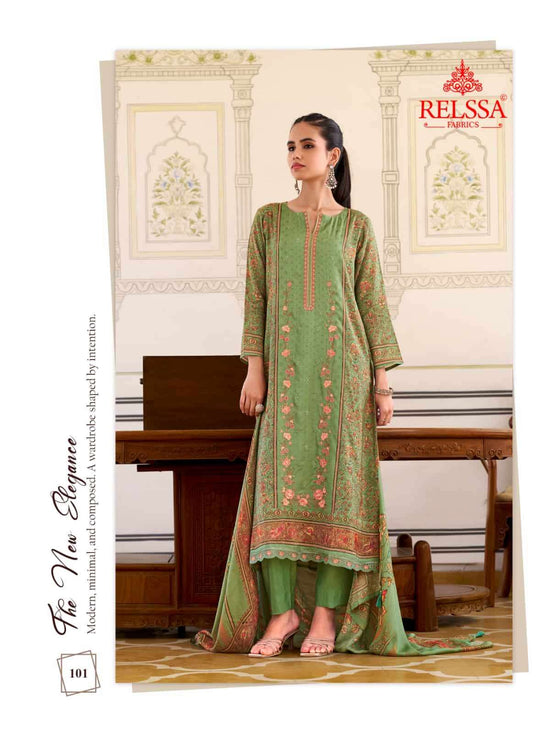Relssa Fabrics Rooz Muslin Embroidered Digital Printed Dress Material
