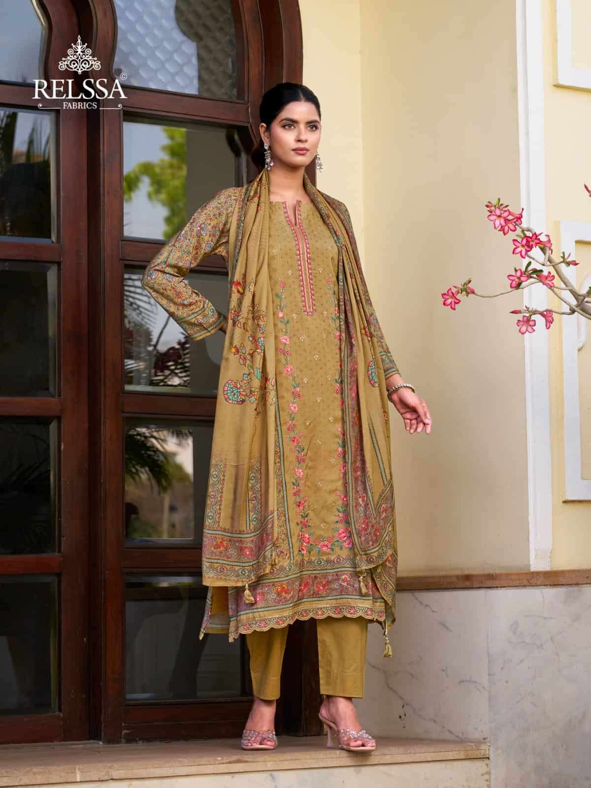 Relssa Fabrics Rooz Muslin Embroidered Digital Printed Dress Material