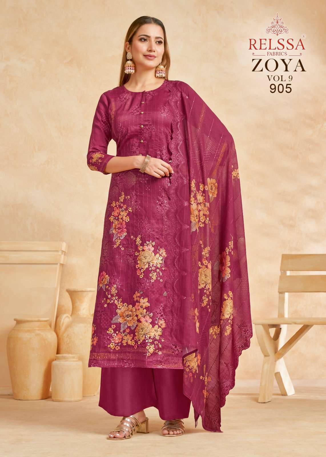 Relssa Fabrics Zoya Vol 9 Cotton Satin Sequins Embroidered Dress Material