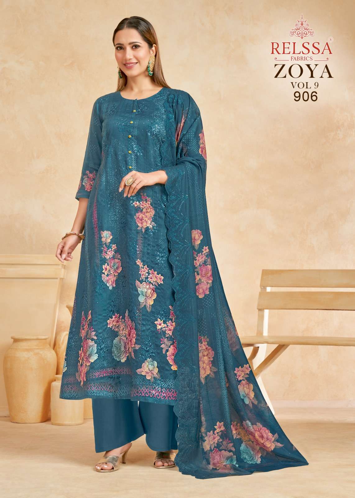 Relssa Fabrics Zoya Vol 9 Cotton Satin Sequins Embroidered Dress Material