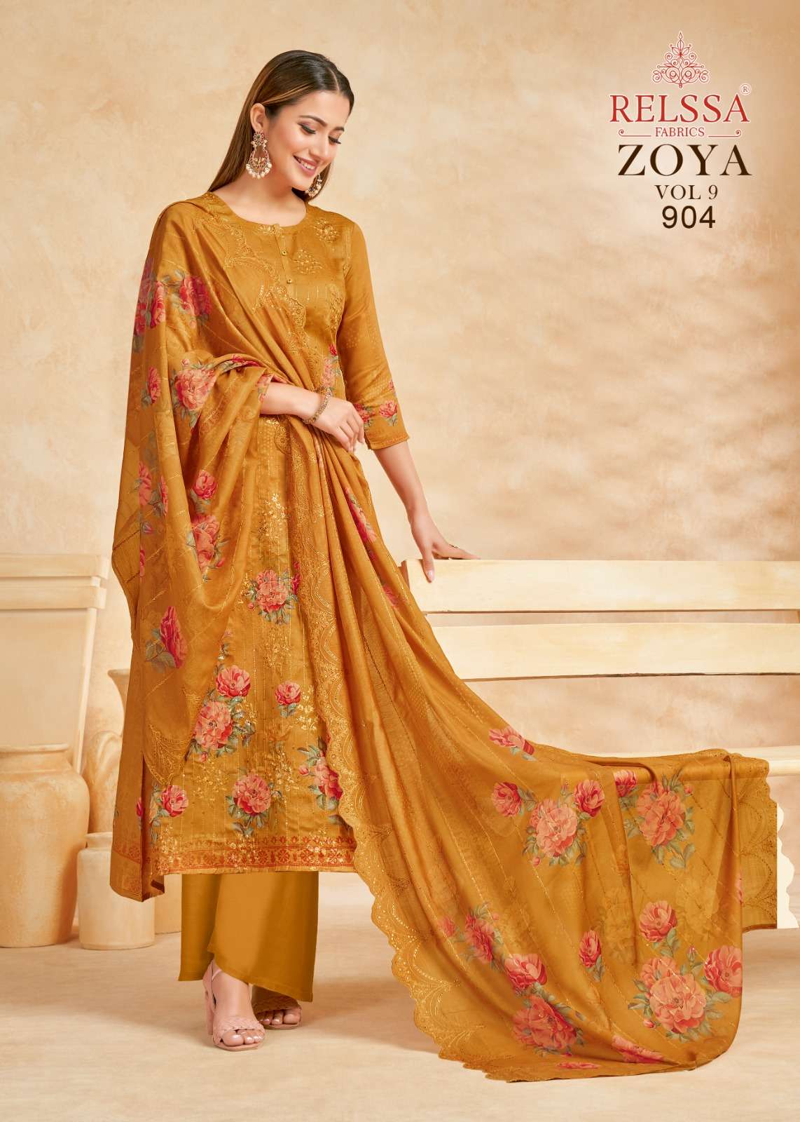 Relssa Fabrics Zoya Vol 9 Cotton Satin Sequins Embroidered Dress Material