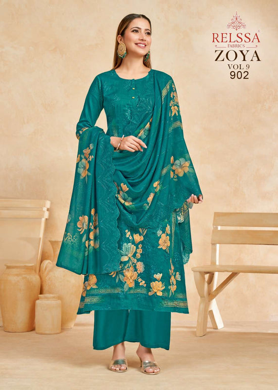 Relssa Fabrics Zoya Vol 9 Cotton Satin Sequins Embroidered Dress Material