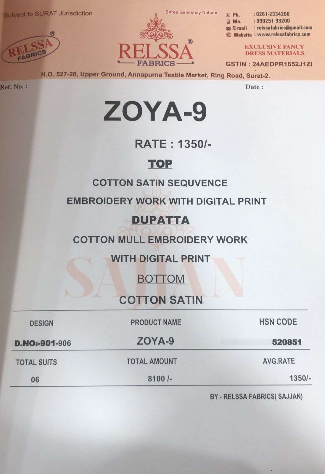 Relssa Fabrics Zoya Vol 9 Cotton Satin Sequins Embroidered Dress Material