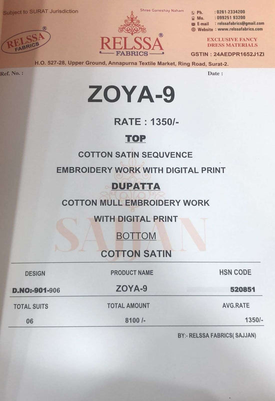 Relssa Fabrics Zoya Vol 9 Cotton Satin Sequins Embroidered Dress Material