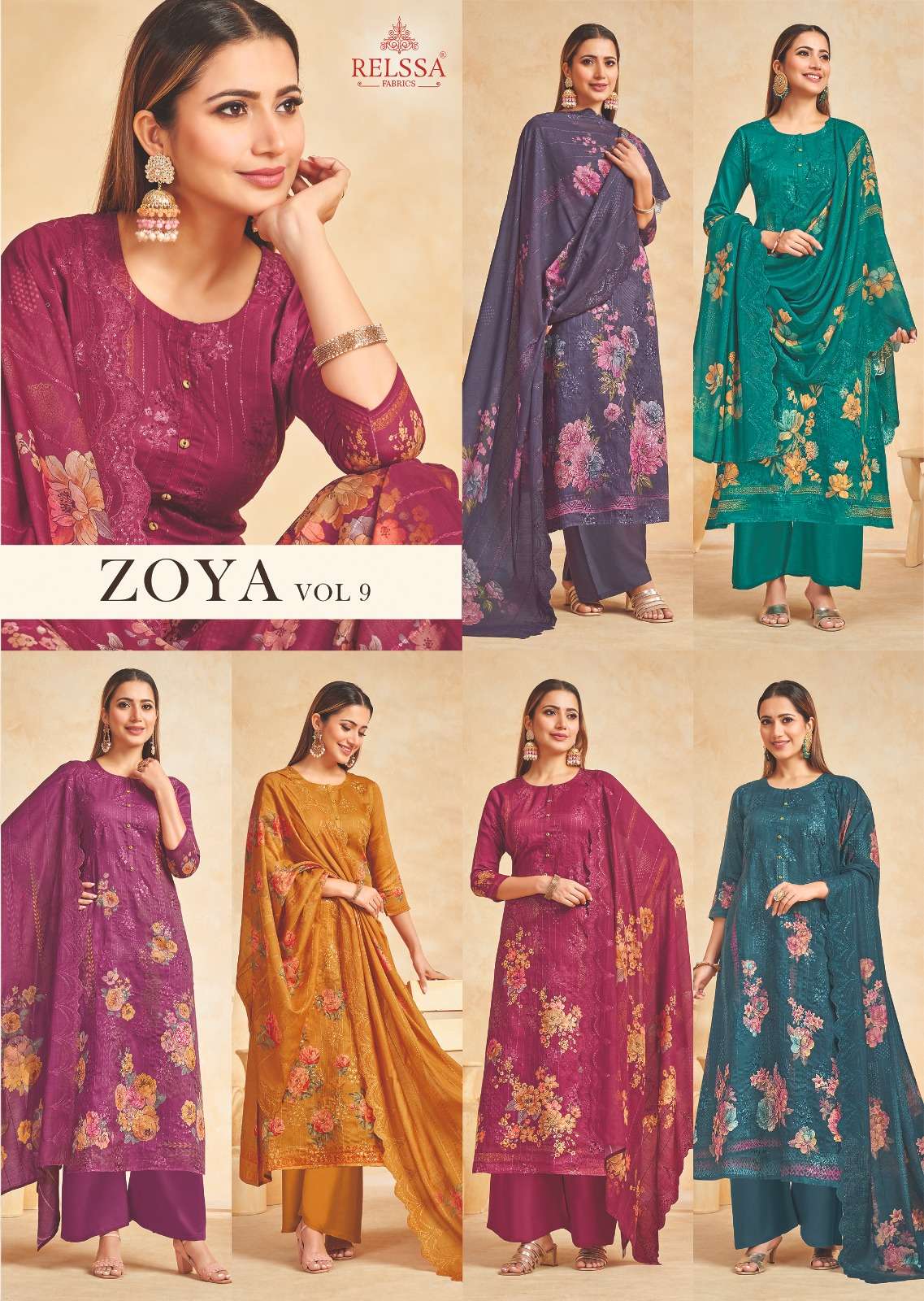 Relssa Fabrics Zoya Vol 9 Cotton Satin Sequins Embroidered Dress Material