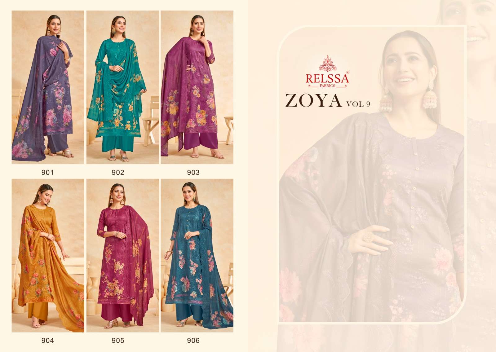 Relssa Fabrics Zoya Vol 9 Cotton Satin Sequins Embroidered Dress Material
