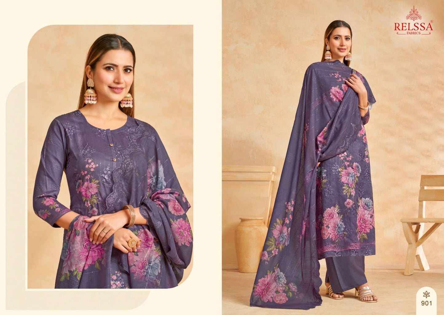 Relssa Fabrics Zoya Vol 9 Cotton Satin Sequins Embroidered Dress Material