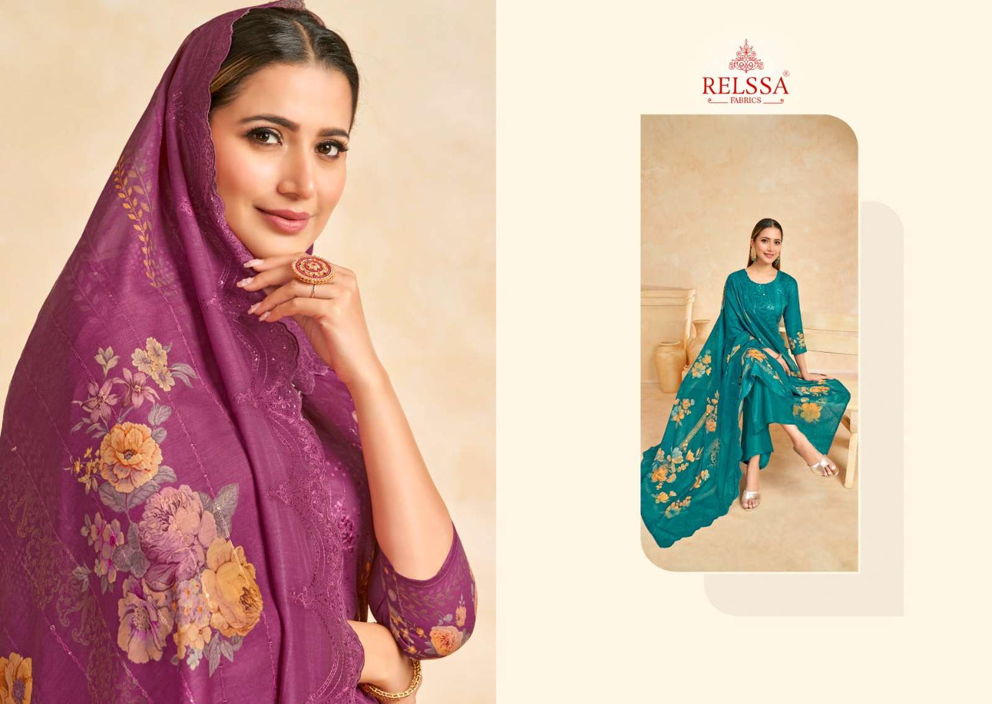 Relssa Fabrics Zoya Vol 9 Cotton Satin Sequins Embroidered Dress Material