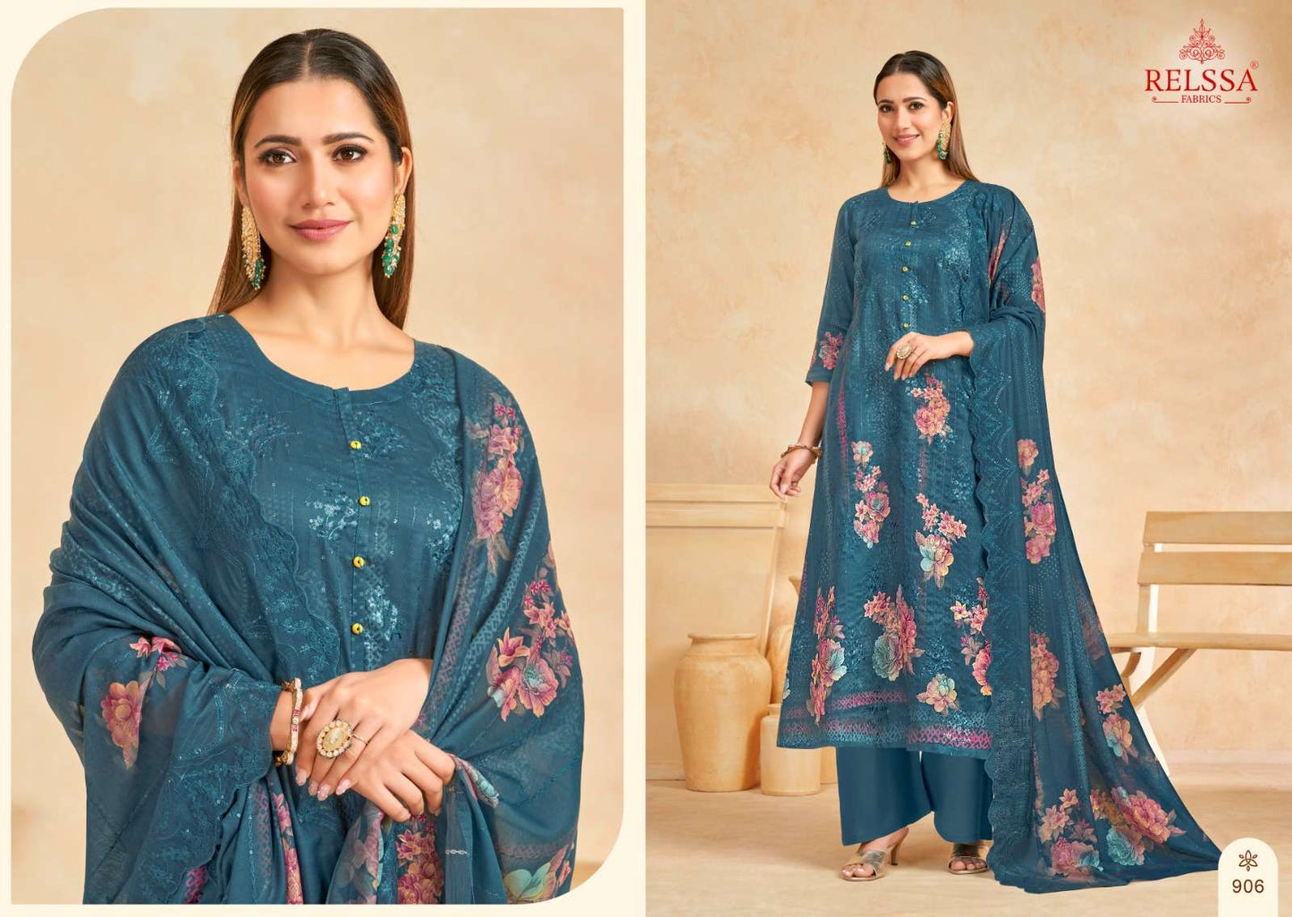 Relssa Fabrics Zoya Vol 9 Cotton Satin Sequins Embroidered Dress Material