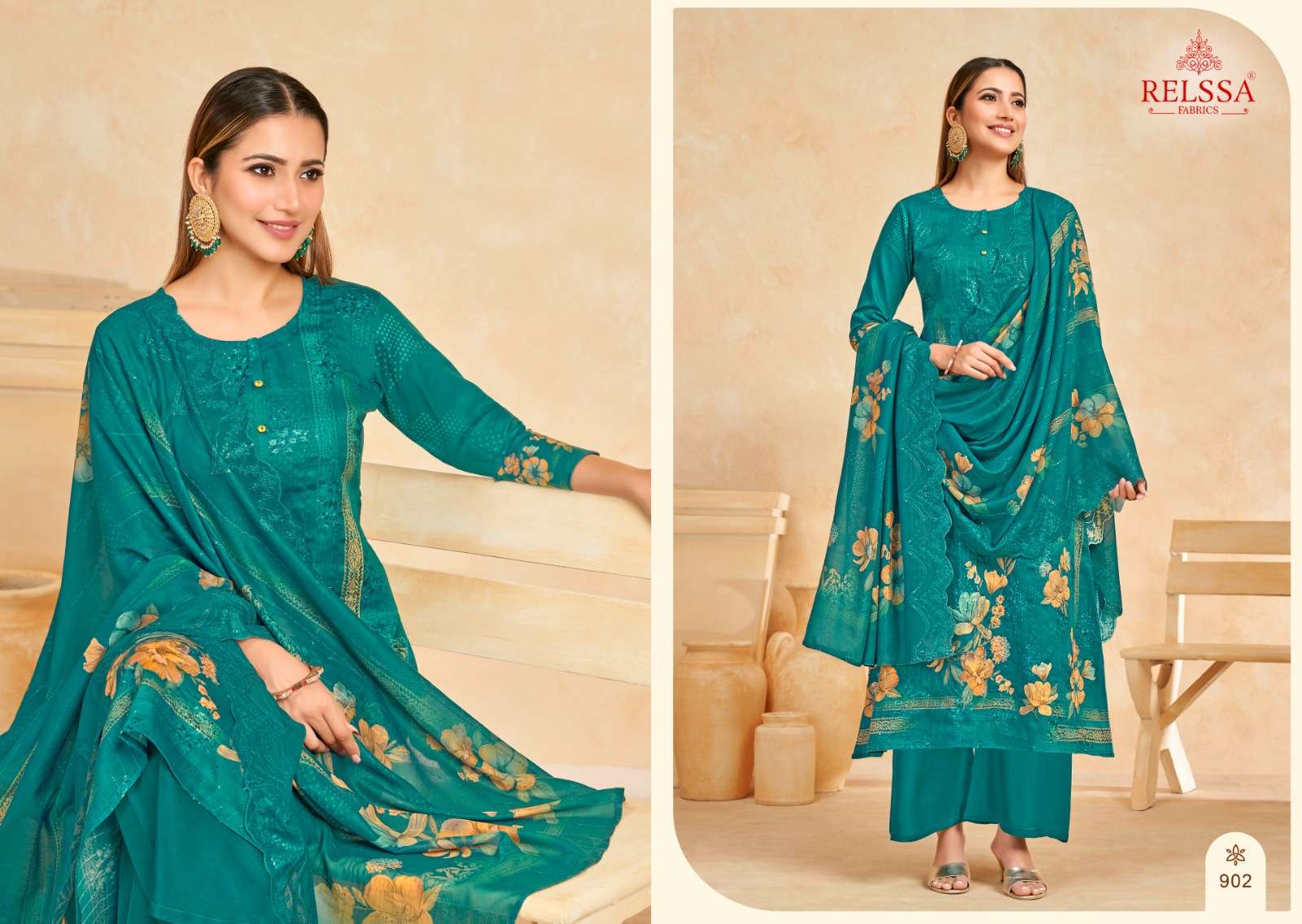 Relssa Fabrics Zoya Vol 9 Cotton Satin Sequins Embroidered Dress Material