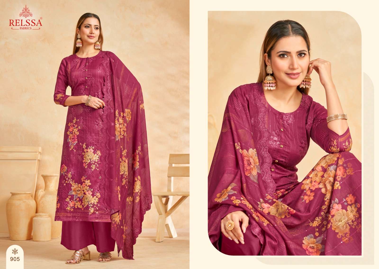 Relssa Fabrics Zoya Vol 9 Cotton Satin Sequins Embroidered Dress Material