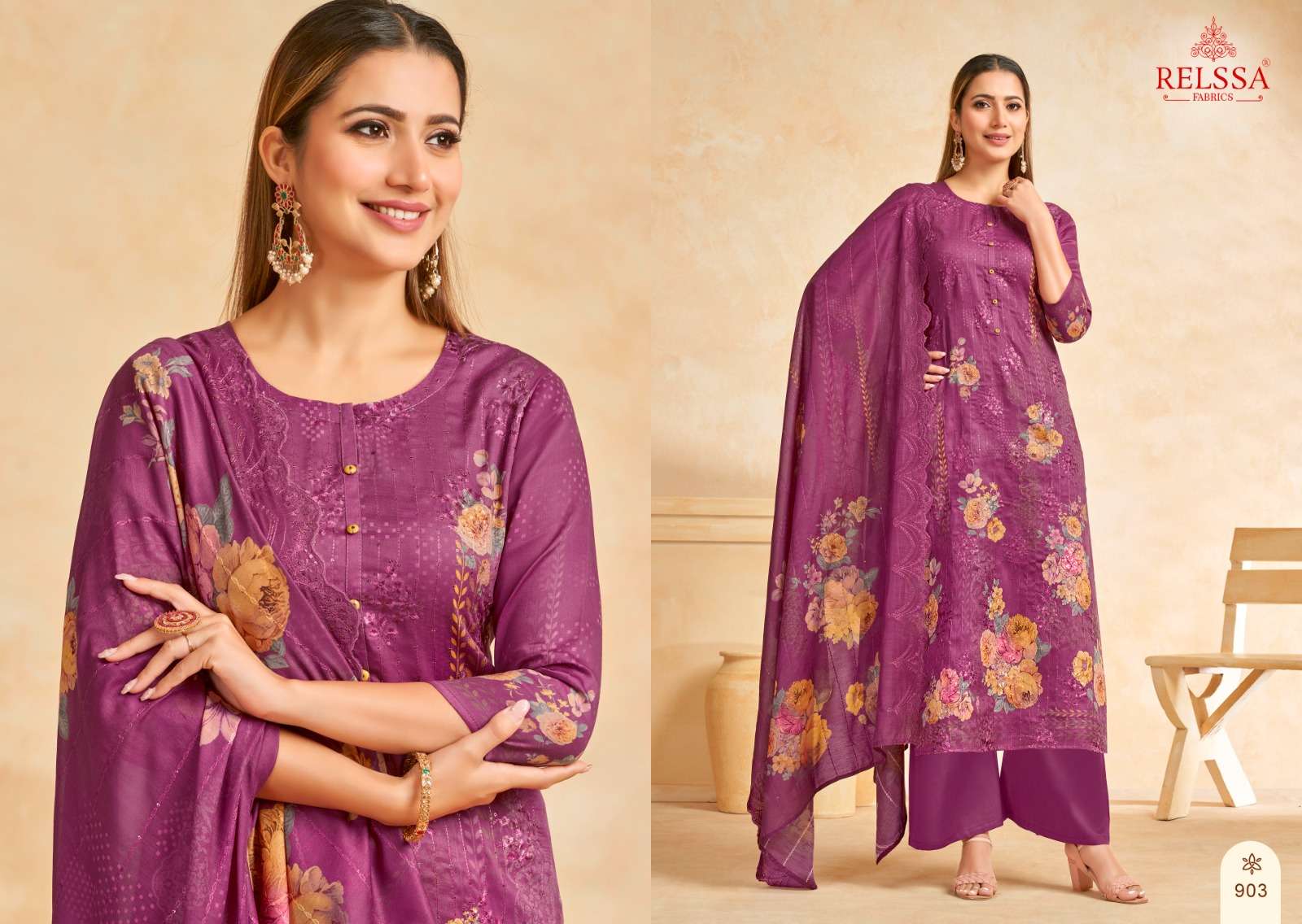 Relssa Fabrics Zoya Vol 9 Cotton Satin Sequins Embroidered Dress Material