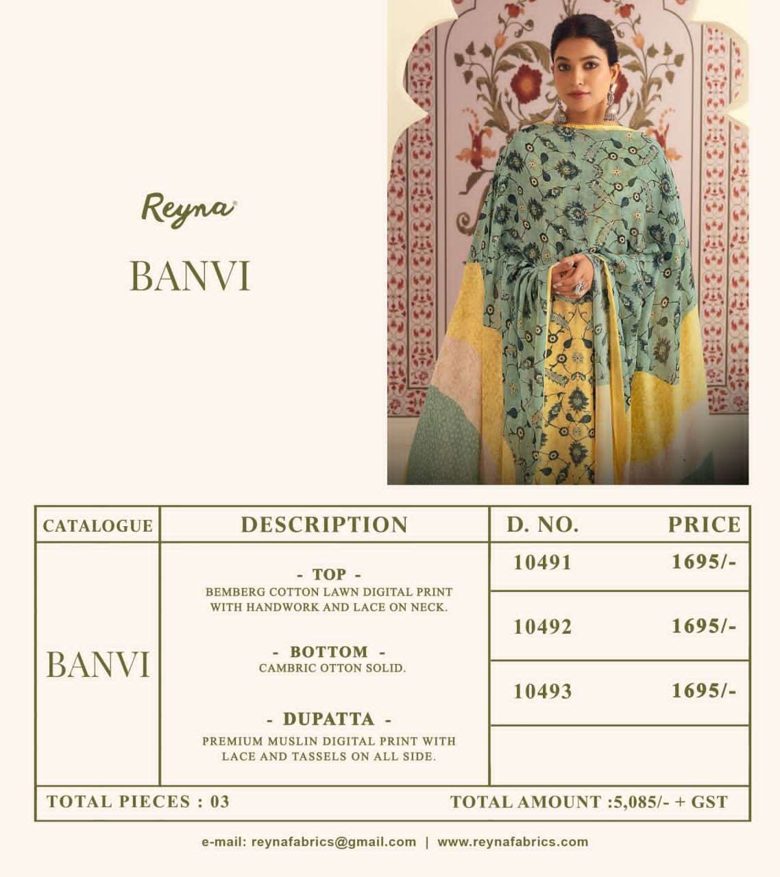 Reyna Fabrics Banvi Bemberg Cotton Dress Material - Amrah Wholesale