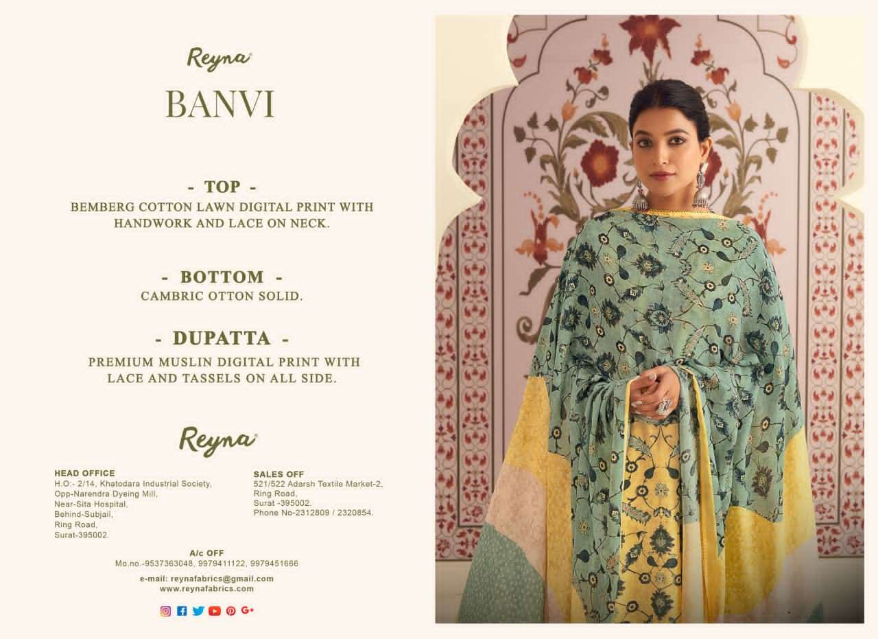 Reyna Fabrics Banvi Bemberg Cotton Dress Material - Amrah Wholesale
