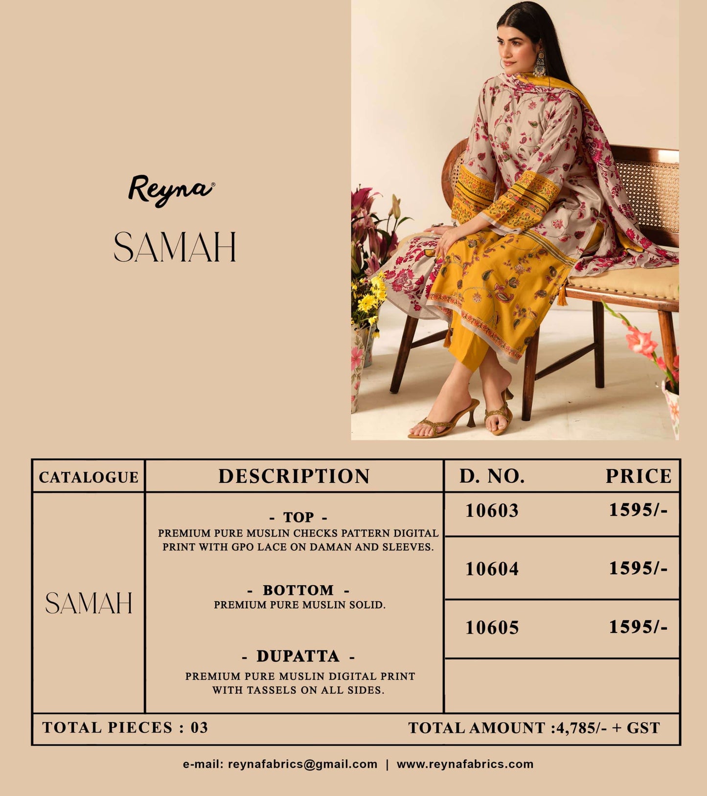 Reyna Fabrics Samah Pure Muslin Dress Material