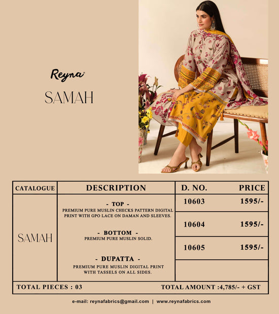 Reyna Fabrics Samah Pure Muslin Dress Material