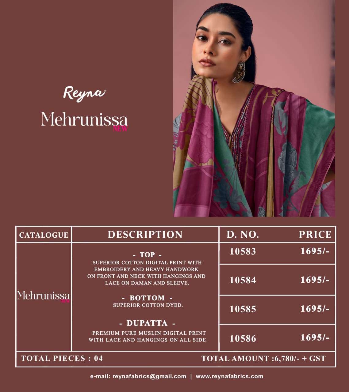 Reyna Fabrics Mehrunissa New Superior Cotton Dress Material