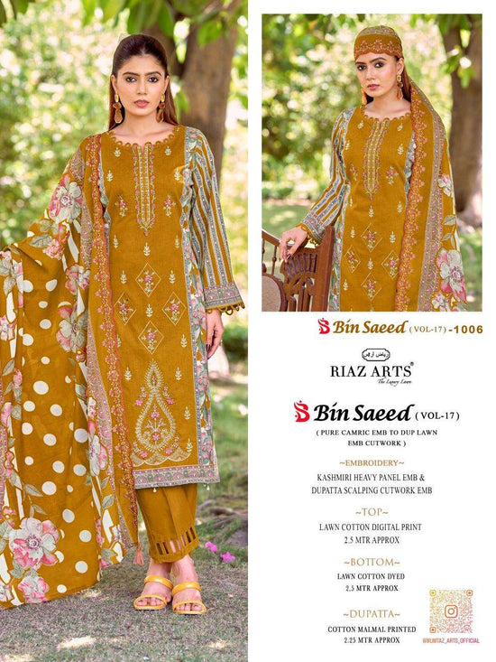 RIAZ ARTS BIN SAEED VOL-17 Cambric Cotton Embroidered Dress Material