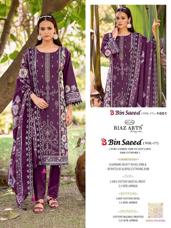 RIAZ ARTS BIN SAEED VOL-17 Cambric Cotton Embroidered Dress Material