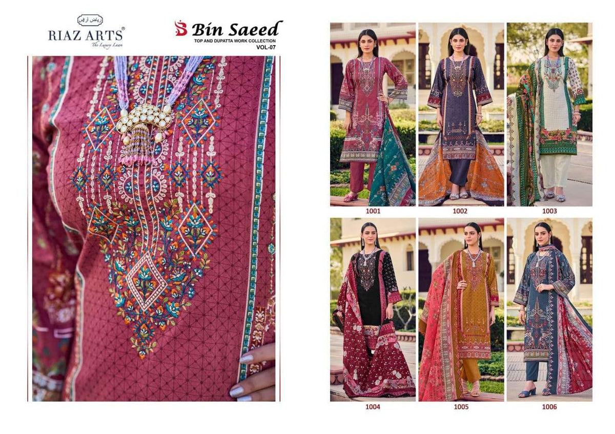 Riaz Arts Bin Saeed Vol 7 Pure Cotton Dress Material Collection - Amrah Wholesale