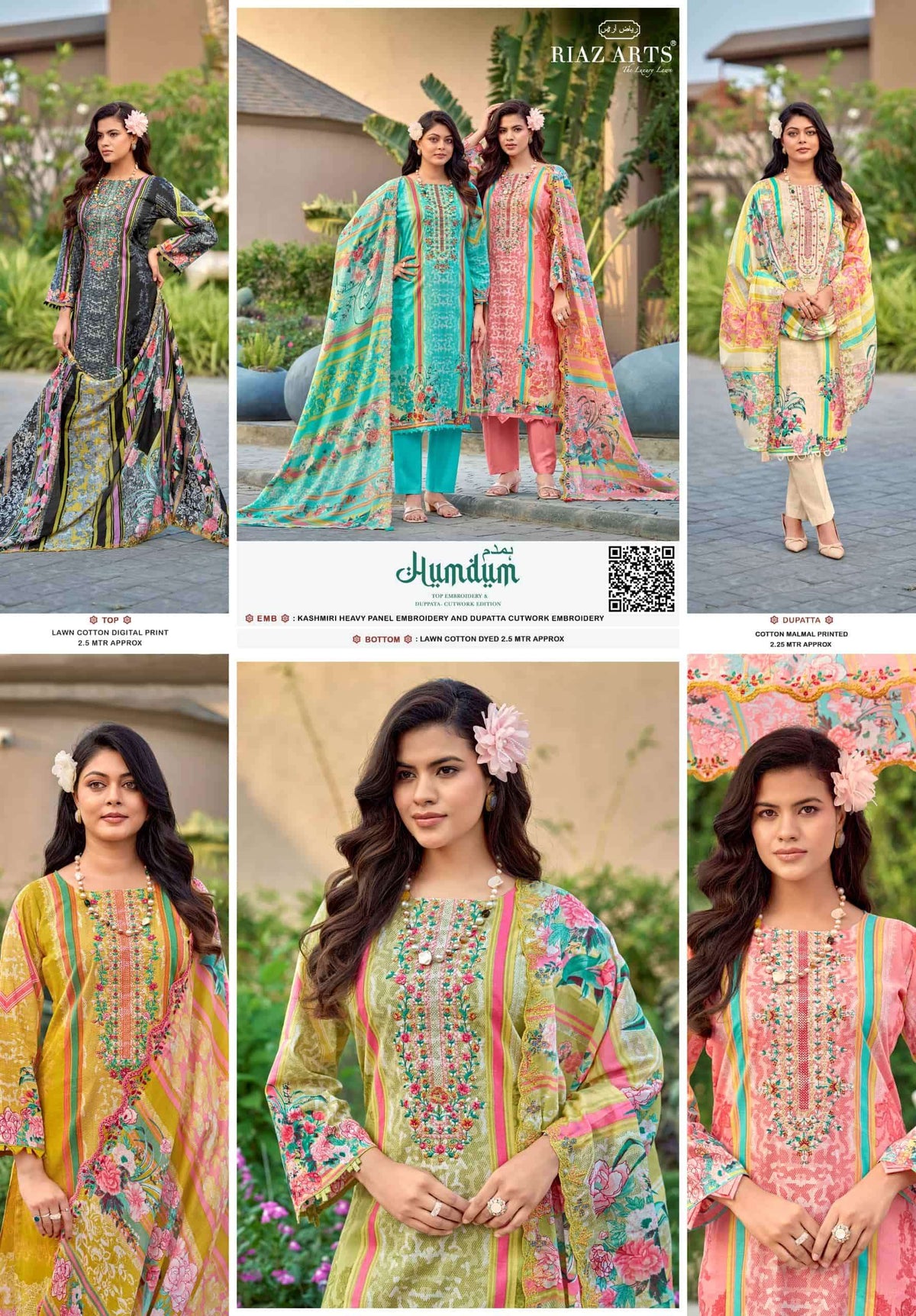Riaz Arts Humdum Lawn Cotton Borror Embroidery Pakistani Suit