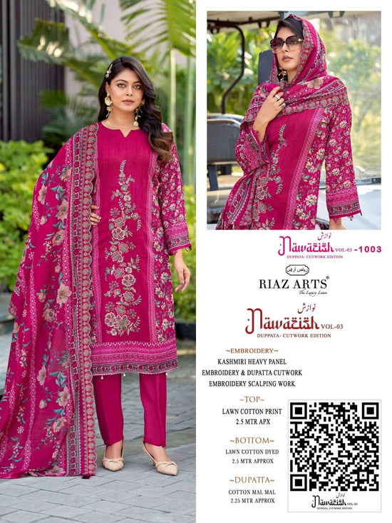 Riaz Arts Nawazish Vol 3 Lawn Cotton Heavy Embroidered Pakistani Suit - Amrah Wholesale