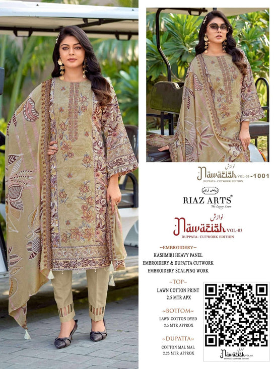 Riaz Arts Nawazish Vol 3 Lawn Cotton Heavy Embroidered Pakistani Suit - Amrah Wholesale