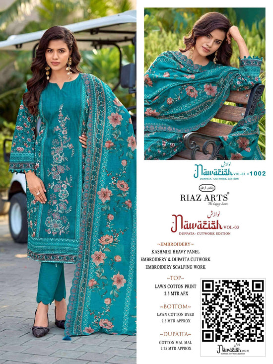 Riaz Arts Nawazish Vol 3 Lawn Cotton Heavy Embroidered Pakistani Suit