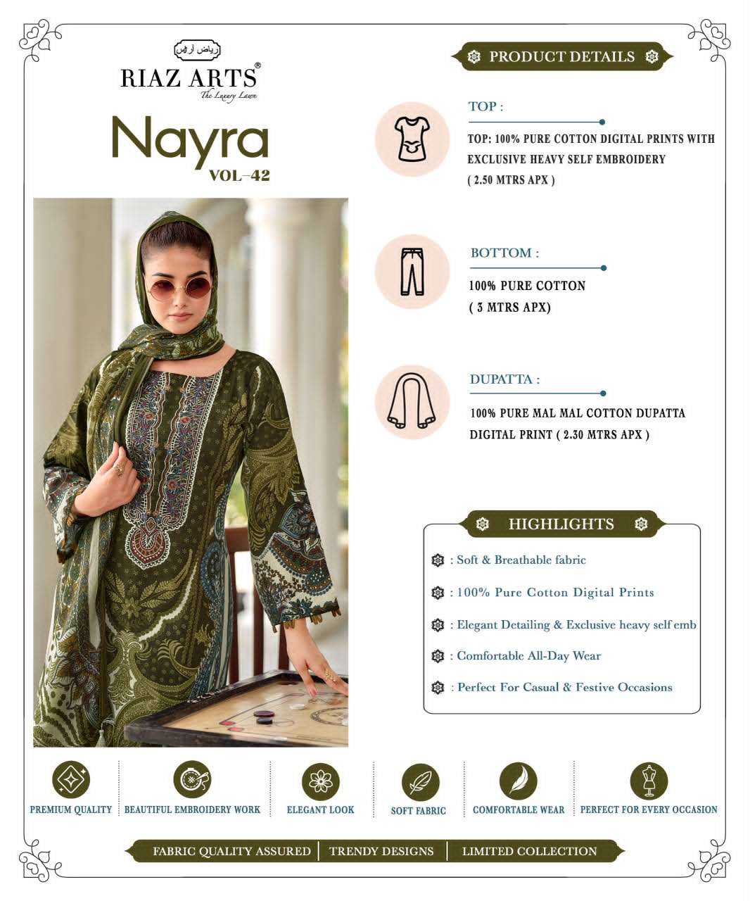 Riaz Arts Nayra Vol 42 Pure Cotton Embroidered Dress Material - Amrah Wholesale