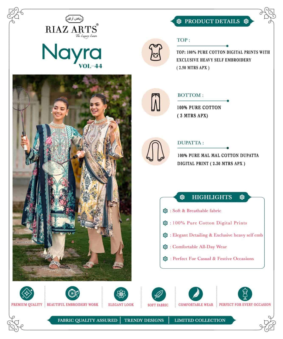 Riaz Arts Nayra Vol 44 Pure Cotton Embroidered Dress Material - Amrah Wholesale