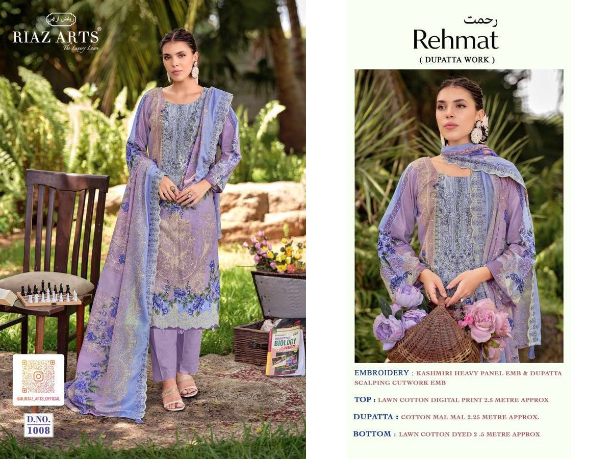 Riaz Arts Rehmat Lawn Cotton Embroidered Dress Material - Amrah Wholesale